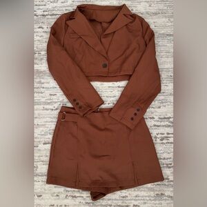 Brown Cropped Blazer and Skirt Set